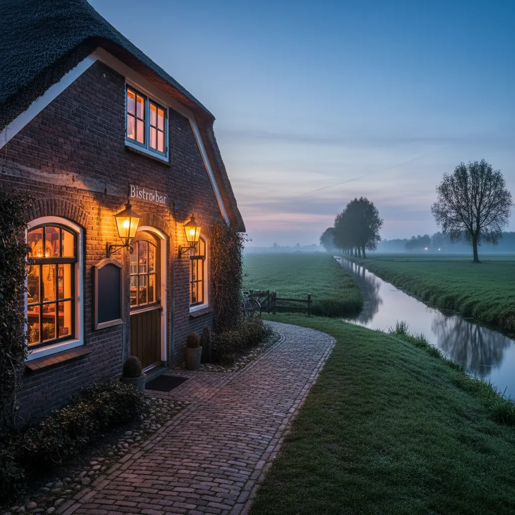 Bistrobar 't Leeuwtje in het polderlandschap van Noorden bij avondschemering