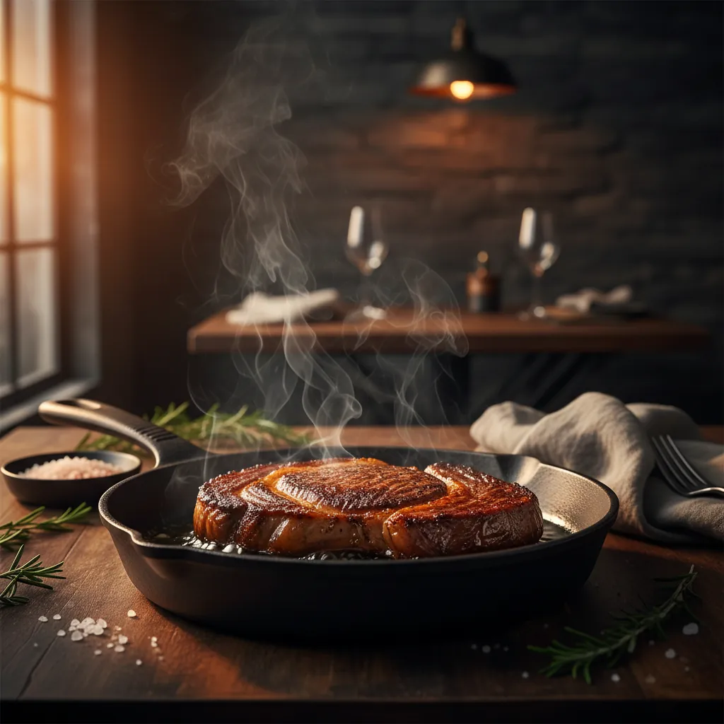 Dry-aged ribeye steak op een gietijzeren pan met rook en goudbruine korst